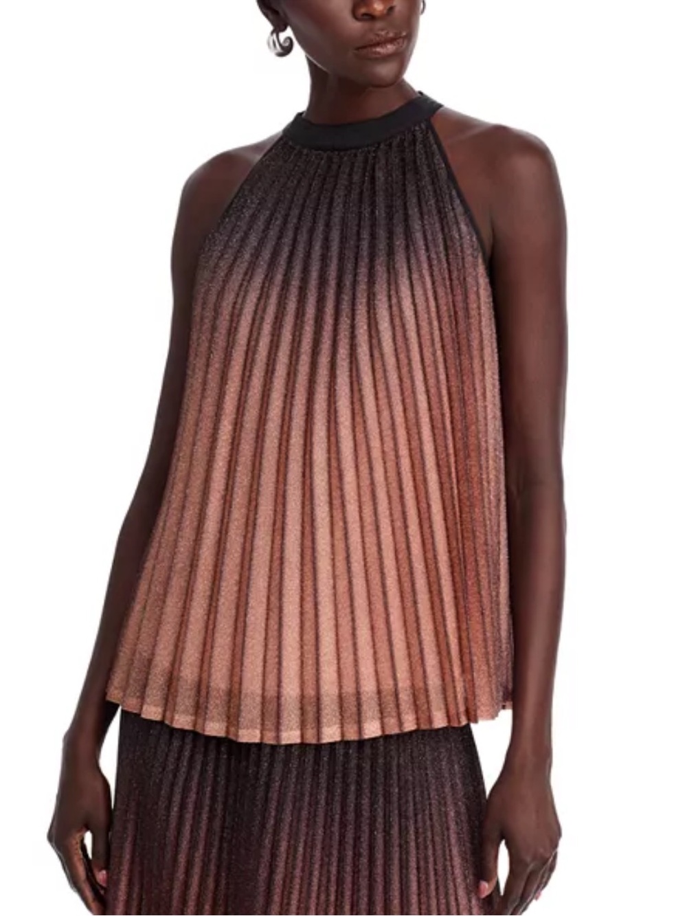 NWT T Tahari Small Rose Gold Black Pleated Shimmer Halter Tank Top Blouse Rt $98
